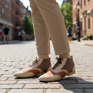 Dsign Step Leather With Broguing Herringbone Tweed Booties - Size US 6